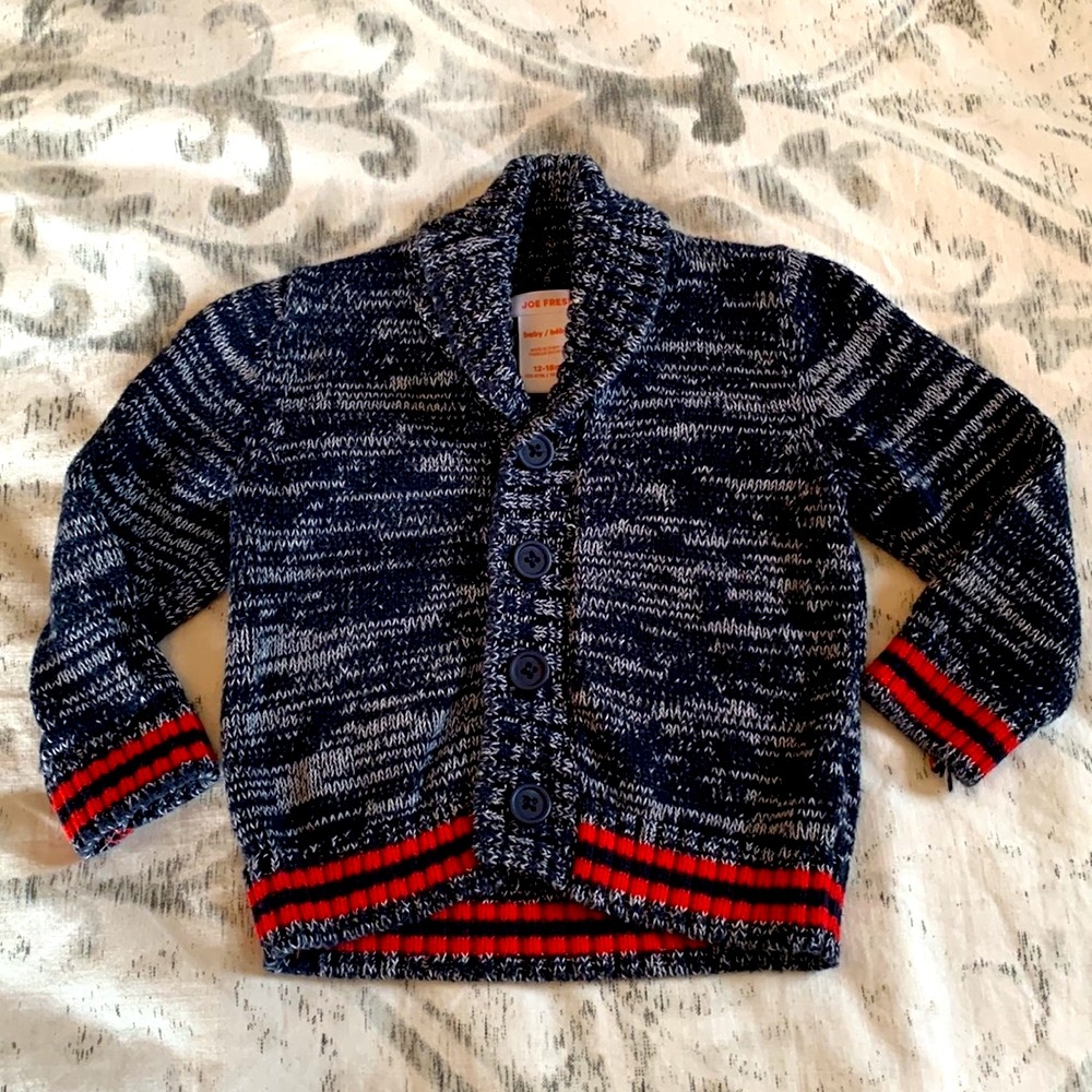 5/$15 Toddler cardigan Navy/white fleck red striped sleeve waistband 12-18 month